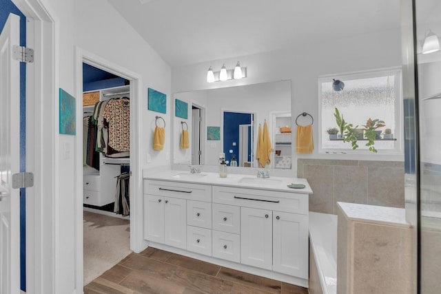 bathroom featuring double vanity, a spacious closet, wood finish floors, and a sink