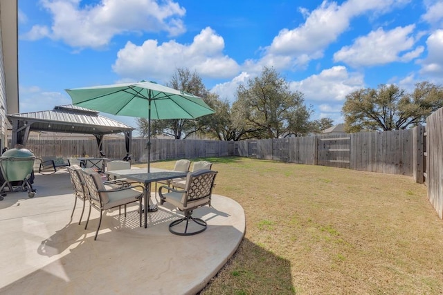 view of yard with a gazebo, a patio area, and a fenced backyard