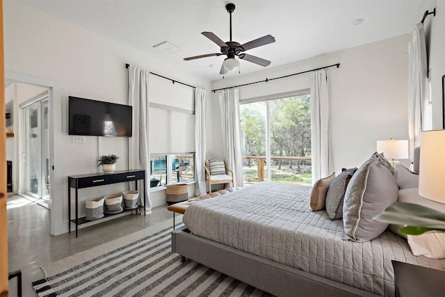 bedroom featuring visible vents, finished concrete flooring, and a ceiling fan