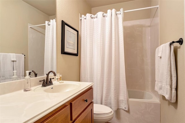 full bath with vanity, toilet, and shower / tub combo with curtain