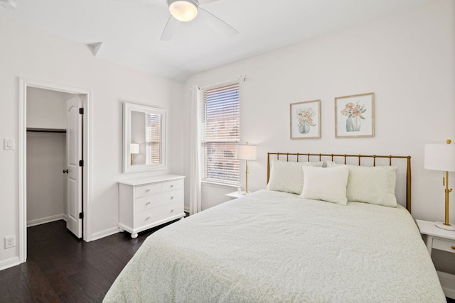 bedroom with dark wood finished floors, a spacious closet, baseboards, and a ceiling fan