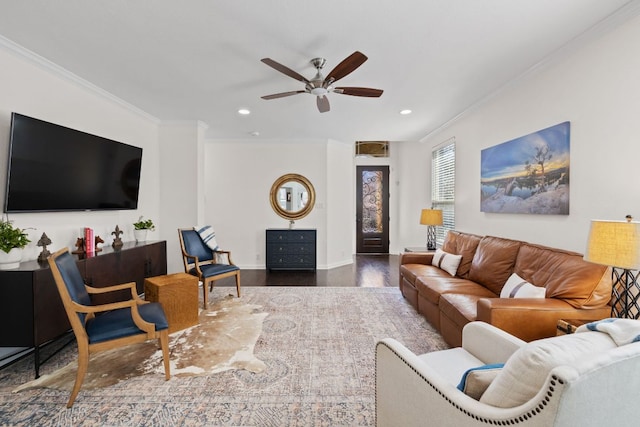 living room featuring recessed lighting, wood finished floors, ceiling fan, and ornamental molding