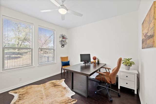 office with baseboards, ceiling fan, and wood finished floors