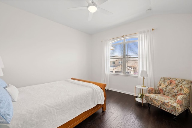 bedroom with baseboards, wood-type flooring, and ceiling fan