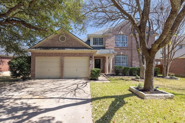 traditional-style house with a front yard, brick siding, and a garage