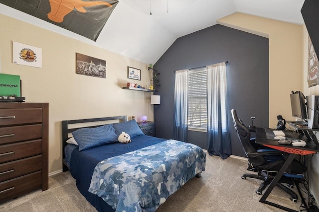 bedroom featuring vaulted ceiling, carpet, and baseboards