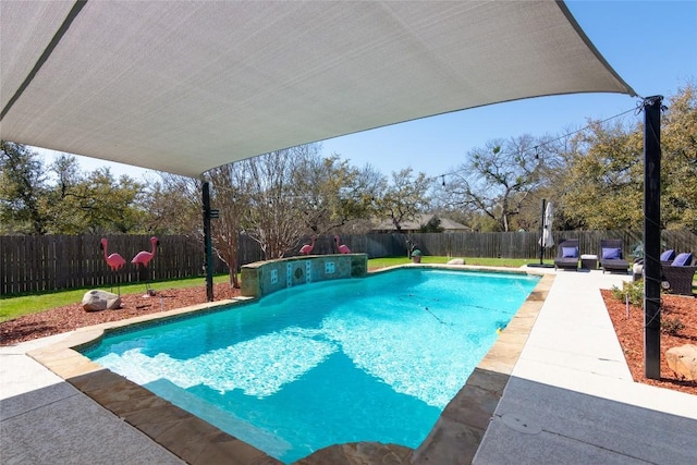 view of swimming pool with a patio, a fenced backyard, and a fenced in pool