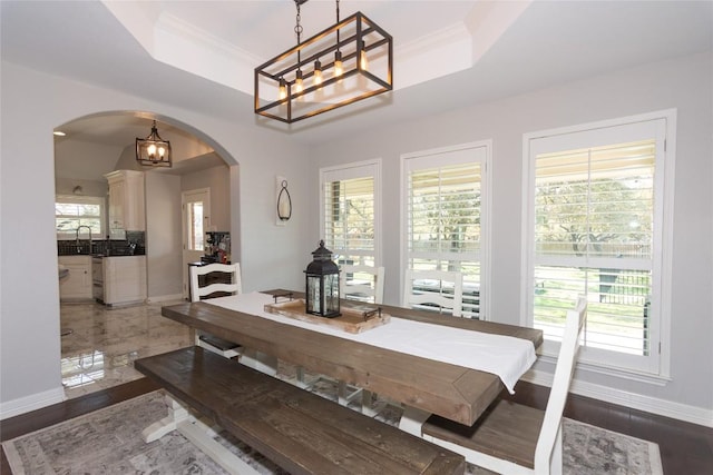 dining room with a tray ceiling, arched walkways, and a healthy amount of sunlight