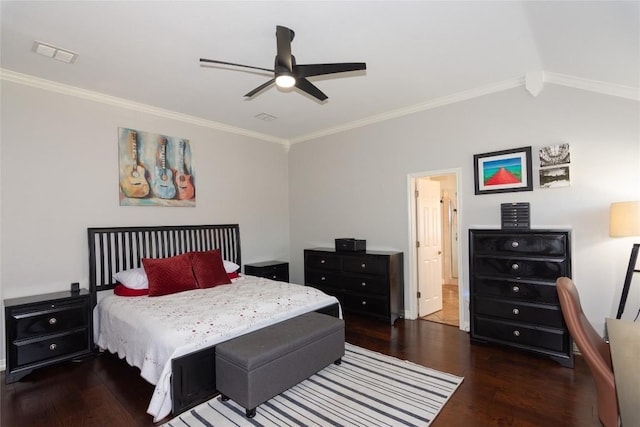 bedroom featuring visible vents, crown molding, a ceiling fan, and wood finished floors