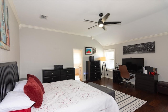 bedroom featuring visible vents, crown molding, ceiling fan, vaulted ceiling, and dark wood-style floors