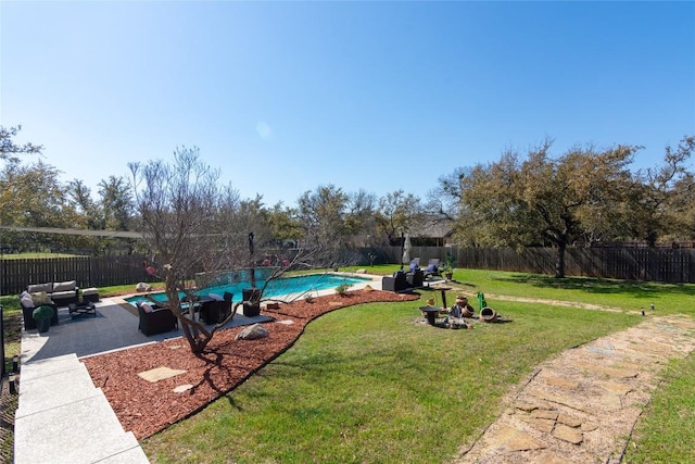 view of swimming pool with a yard, a patio area, an outdoor living space, and a fenced backyard