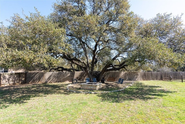 view of yard featuring an outdoor fire pit and a fenced backyard