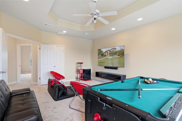 rec room featuring a ceiling fan, carpet, visible vents, recessed lighting, and a raised ceiling