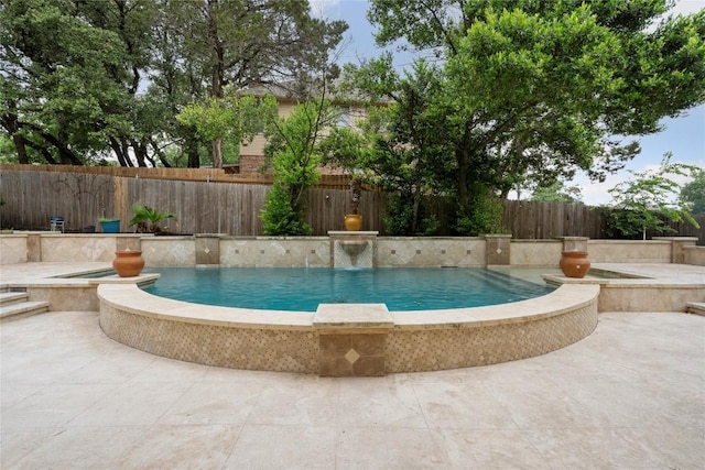 view of swimming pool with a fenced in pool, a fenced backyard, and a patio area