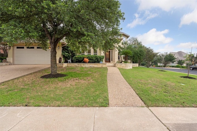 obstructed view of property featuring a front lawn, concrete driveway, an attached garage, and stucco siding