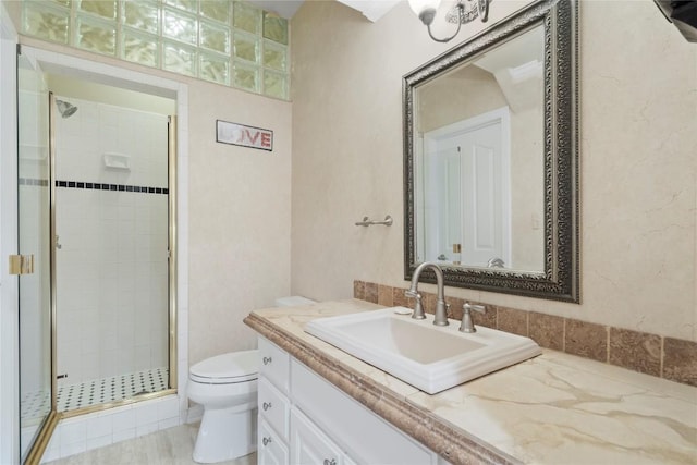 full bath featuring vanity, toilet, and a shower stall