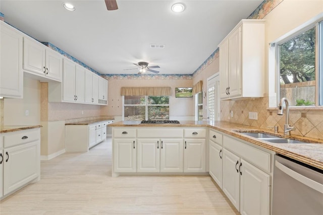 kitchen with appliances with stainless steel finishes, a peninsula, white cabinets, a ceiling fan, and a sink