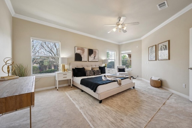 9907 Spicewood Mesa, Austin, TX 78759 - bedroom with light carpet, crown molding, and ceiling fan