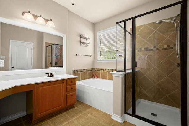 full bath with a bath, tile patterned floors, a stall shower, and vanity