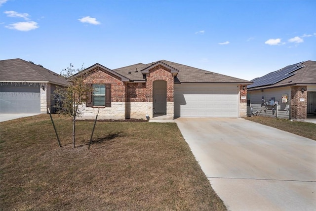 ranch-style house with a front yard, a garage, brick siding, and driveway