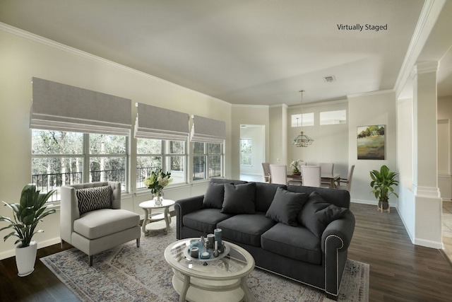 113 Yaupon Ln, Georgetown, TX 78633 - living room featuring wood finished floors and ornamental molding