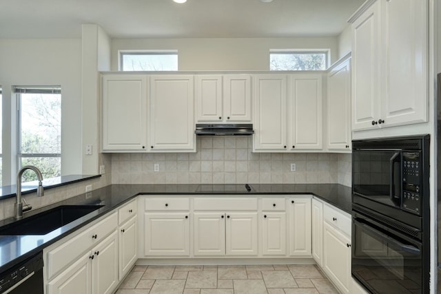 113 Yaupon Ln, Georgetown, TX 78633 - kitchen featuring black appliances, a sink, under cabinet range hood, white cabinetry, and backsplash