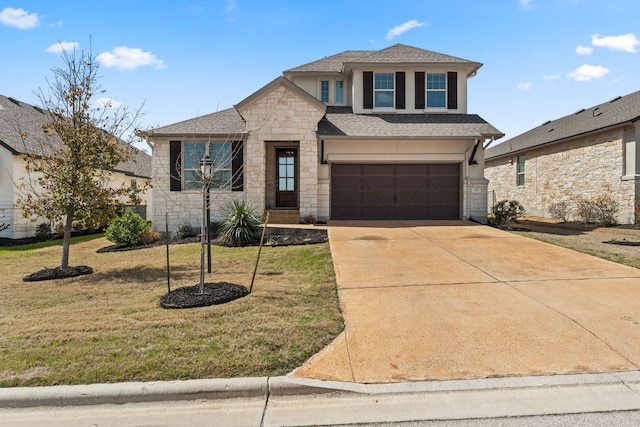 view of front of property featuring driveway, an attached garage, stucco siding, a front lawn, and stone siding