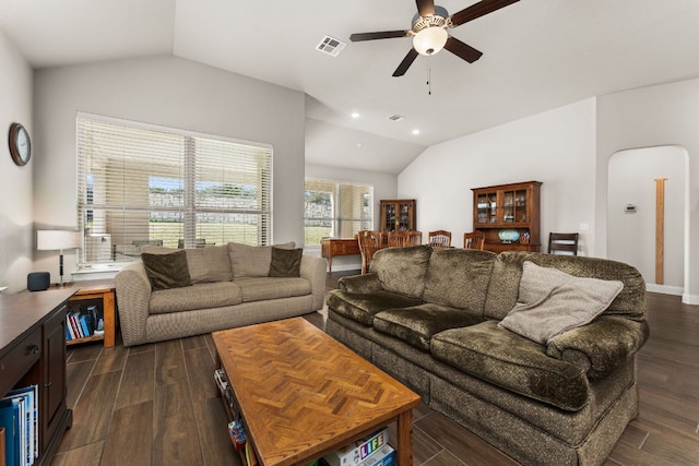 living area featuring visible vents, ceiling fan, vaulted ceiling, recessed lighting, and dark wood-style floors