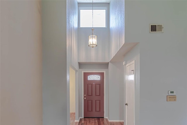 foyer with visible vents, a towering ceiling, and wood finished floors