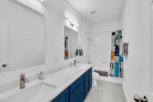 full bathroom with double vanity, shower / bathtub combination with curtain, a sink, and toilet