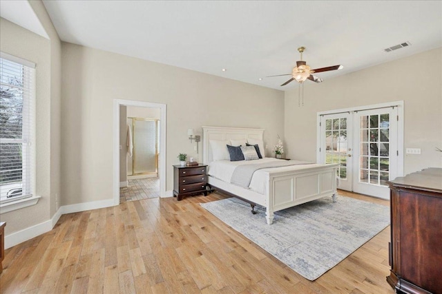 bedroom featuring visible vents, baseboards, light wood-style flooring, french doors, and access to outside