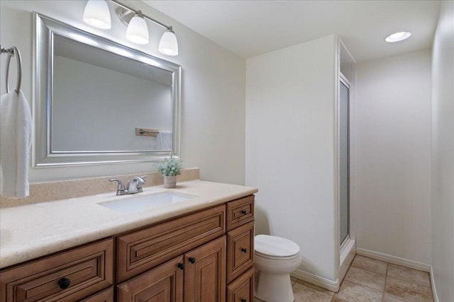 full bathroom with a shower with door, tile patterned floors, toilet, and vanity