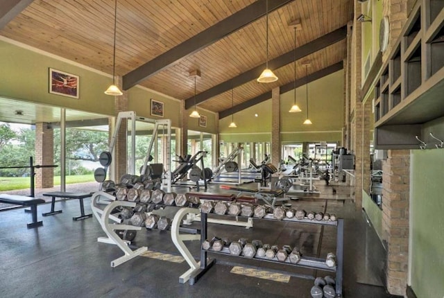 gym featuring a wealth of natural light, high vaulted ceiling, and wood ceiling