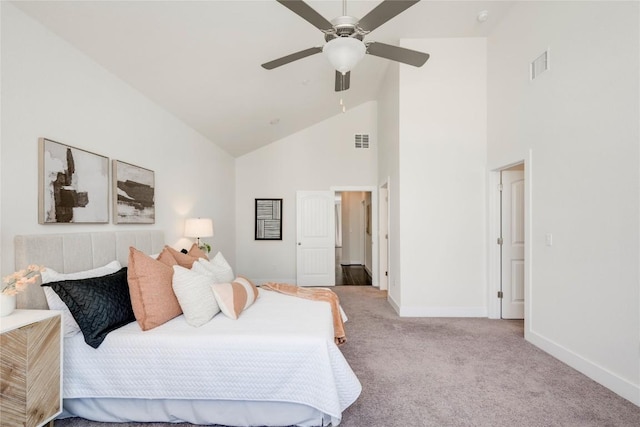 carpeted bedroom with visible vents, baseboards, high vaulted ceiling, and ceiling fan