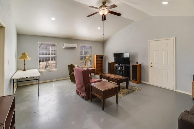 living area featuring vaulted ceiling, an AC wall unit, a ceiling fan, and finished concrete flooring