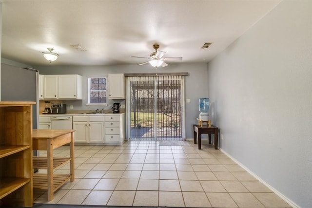 kitchen featuring dishwasher, visible vents, white cabinetry, and ceiling fan