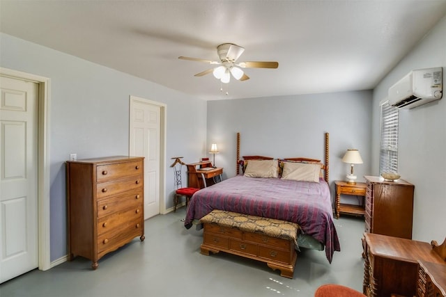 bedroom with baseboards, ceiling fan, and a wall mounted AC