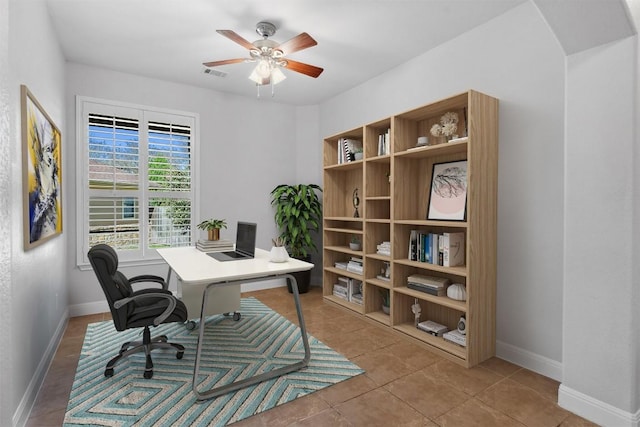 office featuring visible vents, baseboards, and a ceiling fan