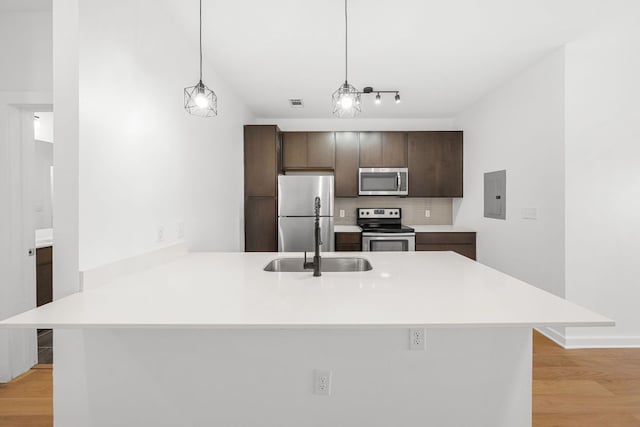 kitchen featuring backsplash, light wood-type flooring, electric panel, appliances with stainless steel finishes, and a peninsula