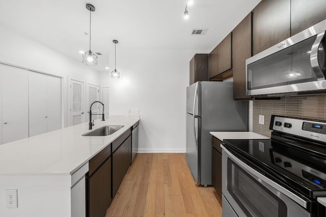 kitchen with visible vents, decorative backsplash, appliances with stainless steel finishes, a peninsula, and a sink