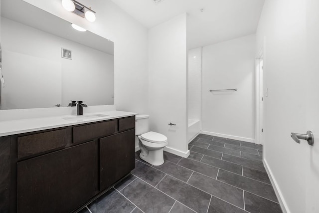 bathroom featuring tile patterned floors, visible vents, toilet, baseboards, and vanity