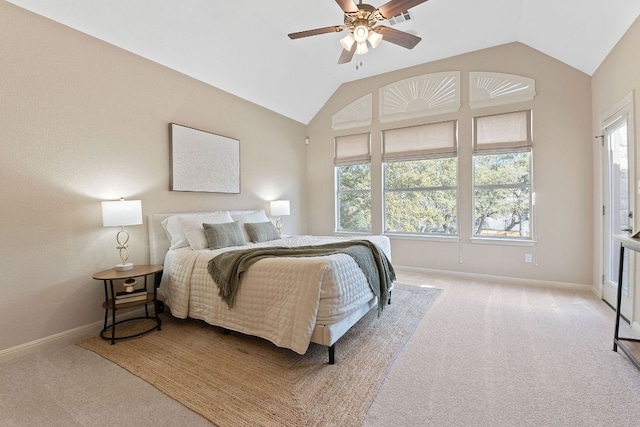 bedroom with visible vents, light carpet, baseboards, and vaulted ceiling