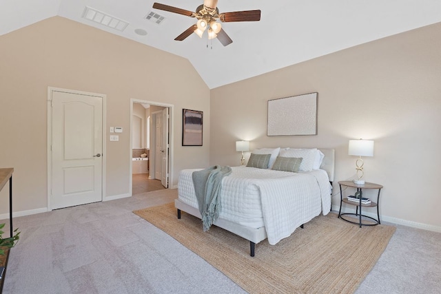 bedroom with vaulted ceiling, visible vents, and carpet floors