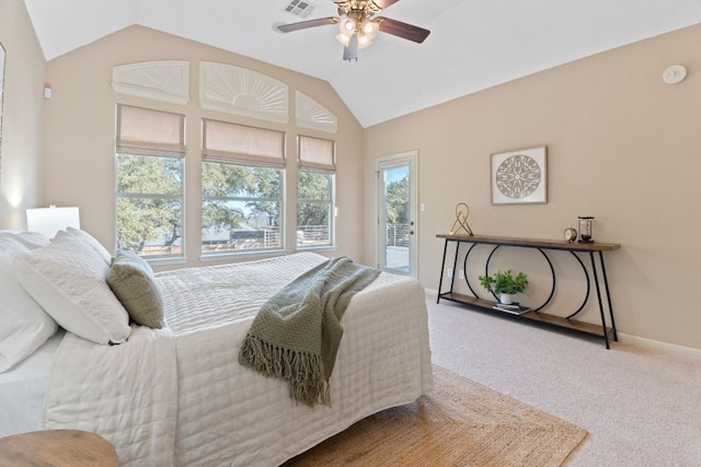 bedroom featuring visible vents, baseboards, vaulted ceiling, carpet floors, and access to outside