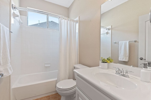 bathroom featuring vanity, shower / bath combination with curtain, toilet, and tile patterned floors