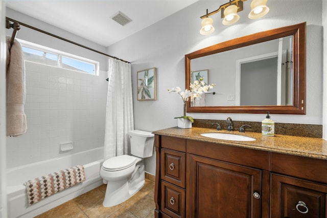 bathroom featuring visible vents, toilet, tile patterned flooring, shower / bath combination with curtain, and vanity