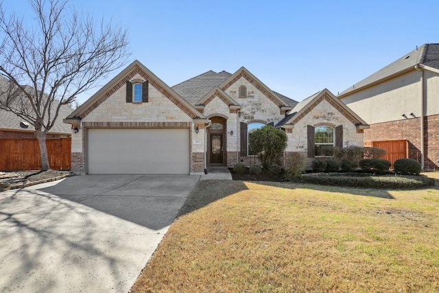 french country home featuring a front lawn, stone siding, fence, concrete driveway, and an attached garage