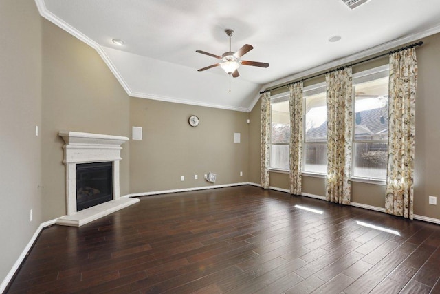 unfurnished living room with a glass covered fireplace, vaulted ceiling, a ceiling fan, and wood finished floors