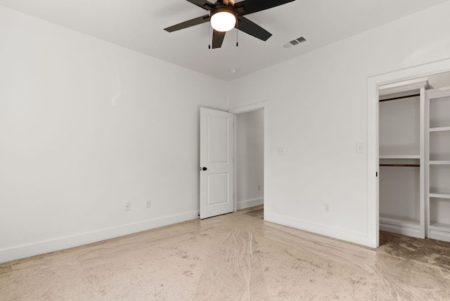 unfurnished bedroom with a closet, visible vents, a ceiling fan, and baseboards