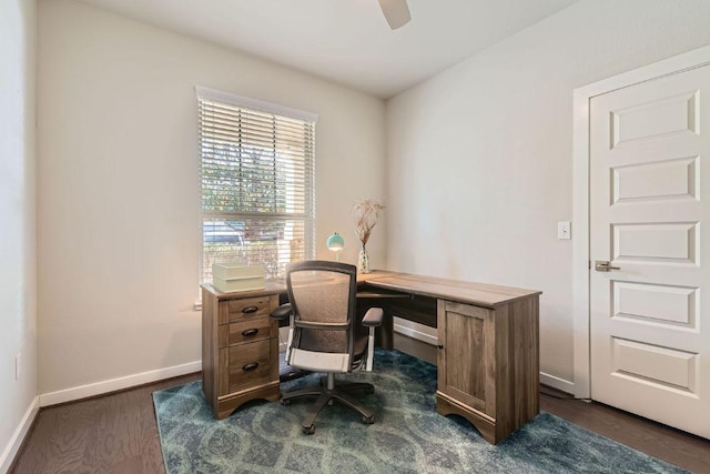 office featuring dark wood-style floors, a ceiling fan, and baseboards